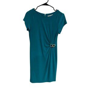 NY Collection Teal Dress with Gold Buckle Accent and Back Zipper Closure SZ Peti